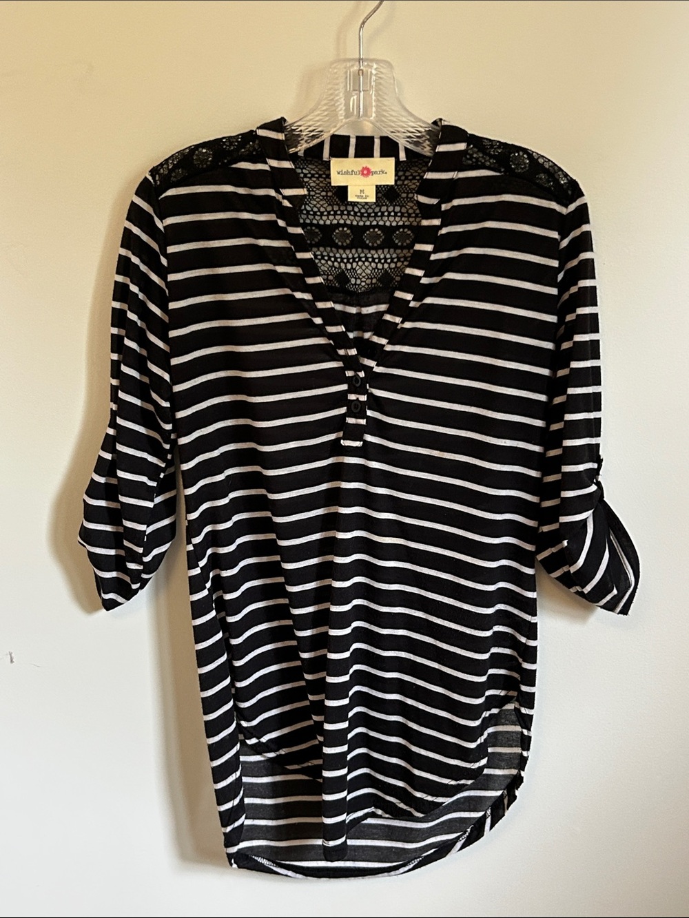 Black & White Striped Lace-Yoke Henley Top